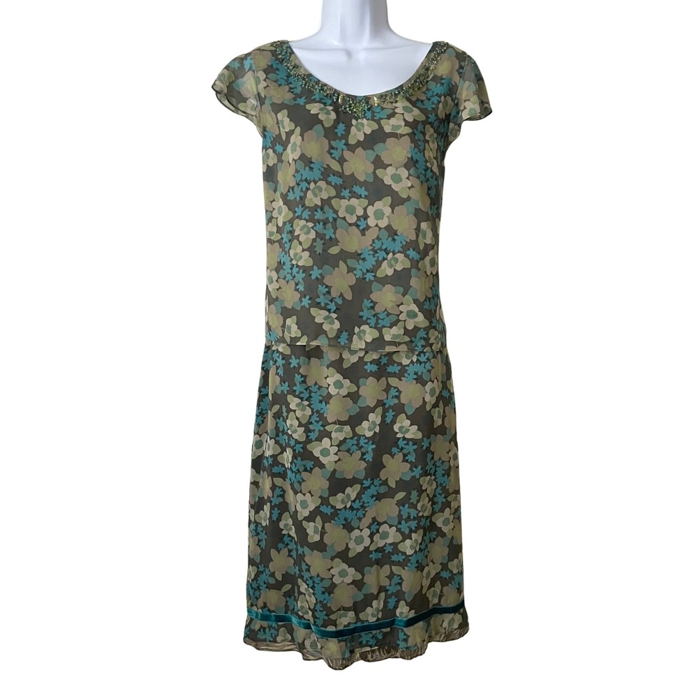 Vintage Y2K Fairy Silk Floral Beaded 2 Piece Skirt Set Cynthia Howie Green 14